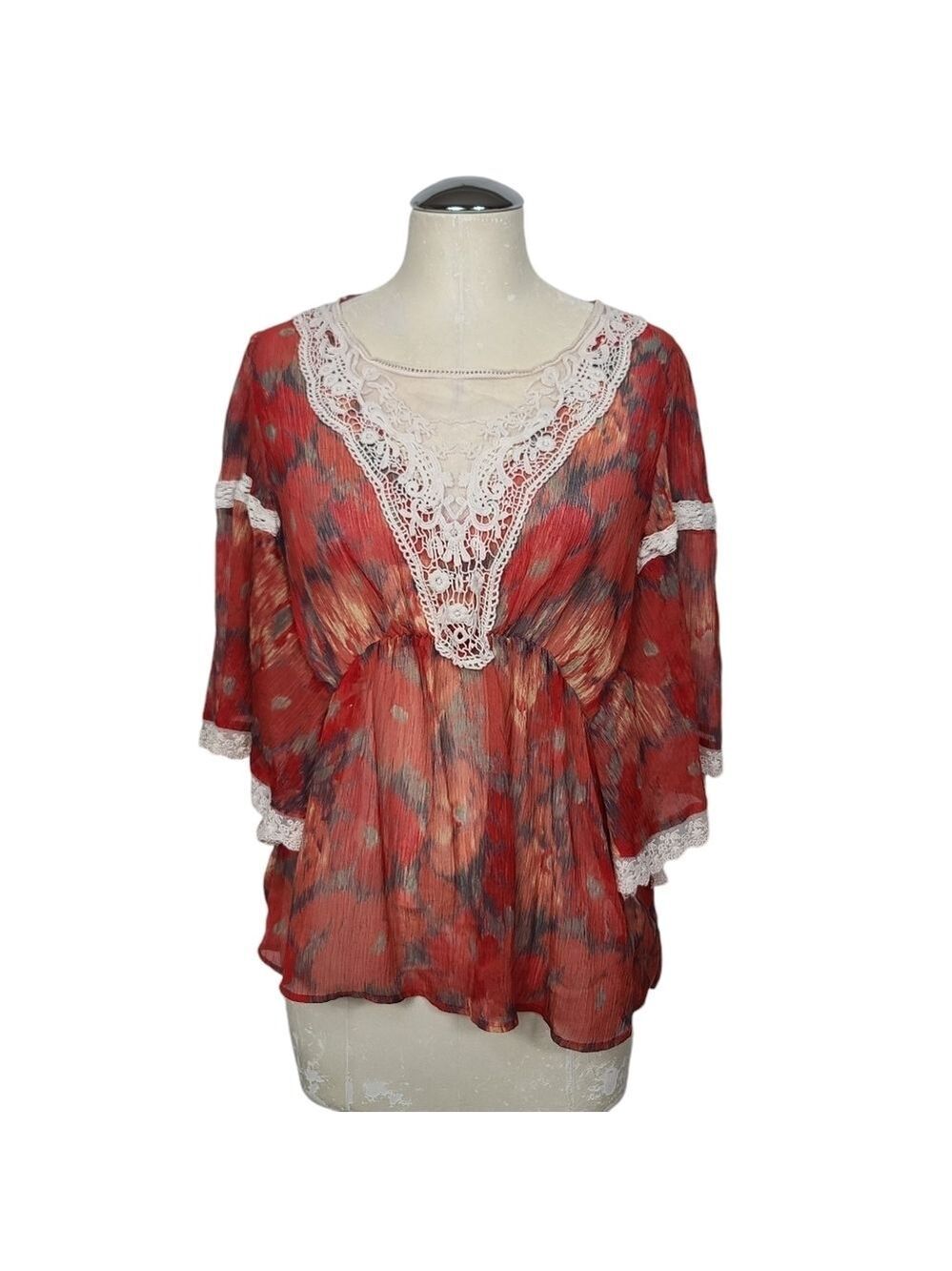 Free People Red Daydream Sheer Lace Blouse S